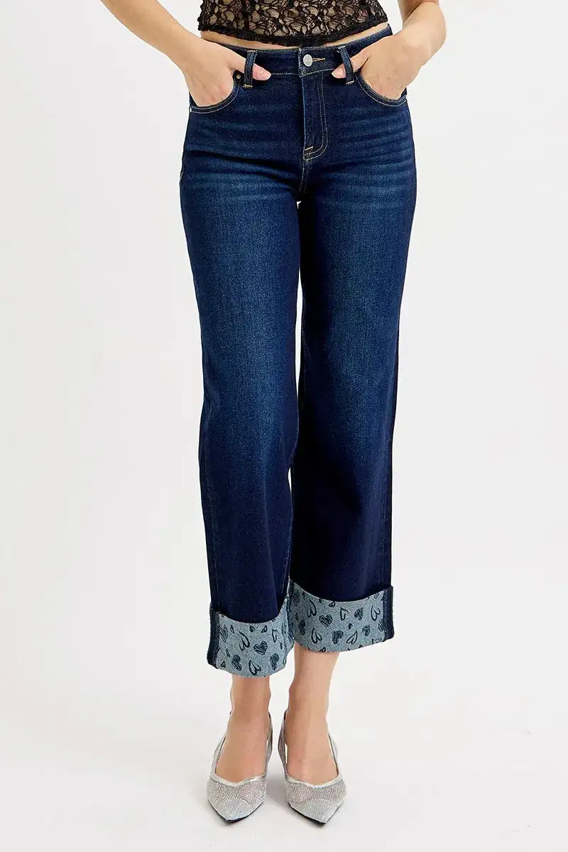 Everyday Mid Rise Cuffed Hem Wide Leg Jeans