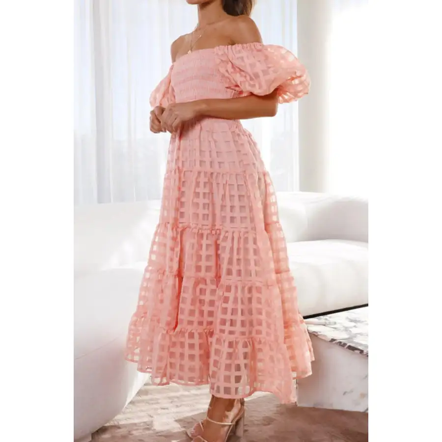 Off Shoulder Short Puff Sleeve Midi Dress