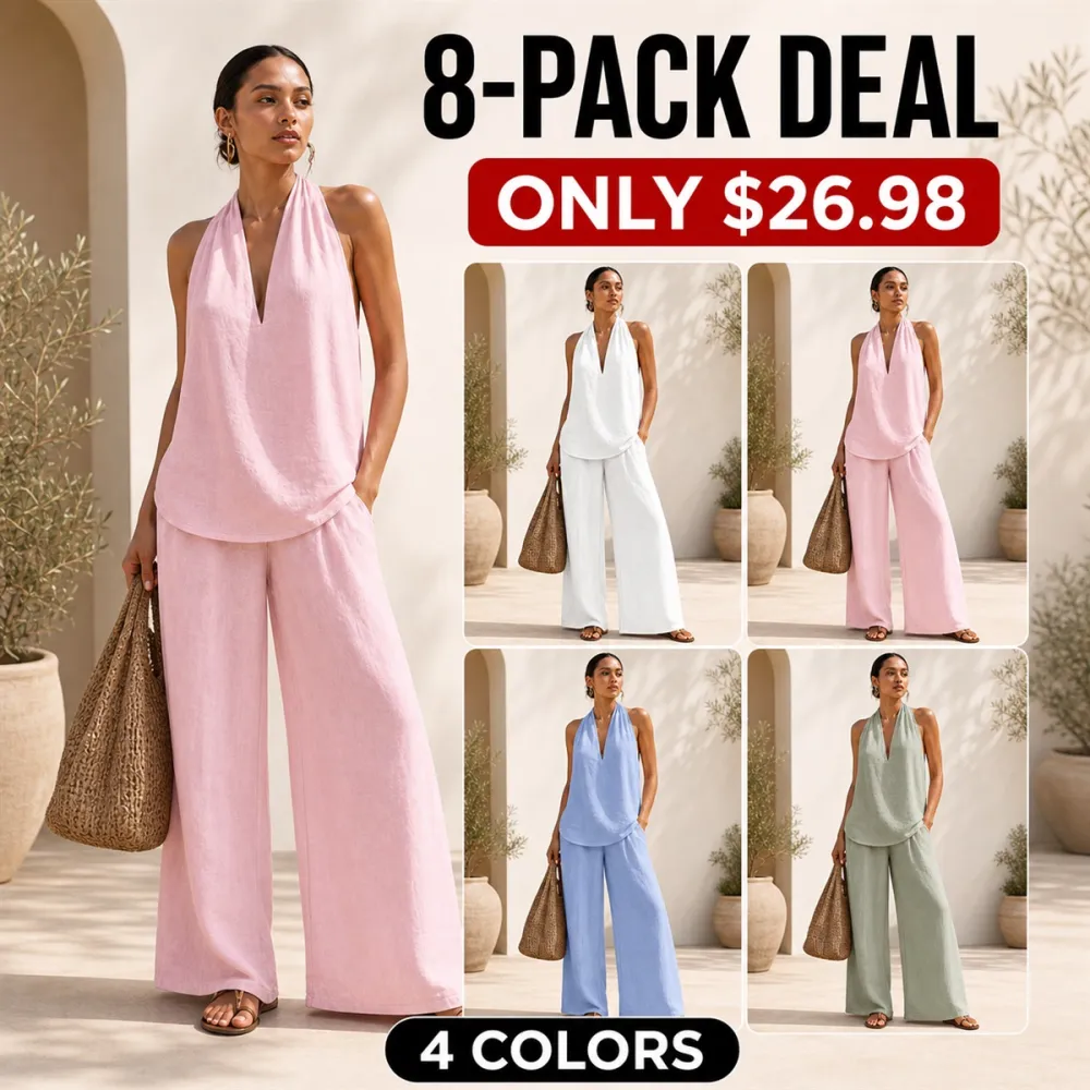 Women's Cotton Linen 2-Piece Halter Top Wide-Leg Pants Set