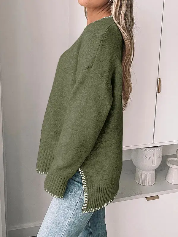 High Low Split Hem Paneled Round Neck Long Sleeve Pullover Sweater