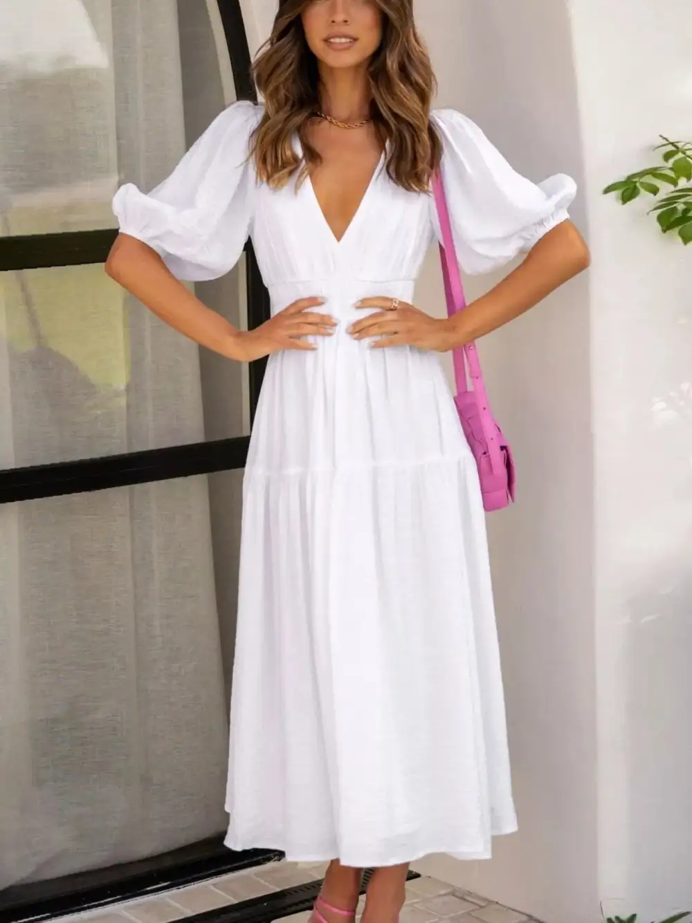 V Neck Puff Sleeve Midi Dress