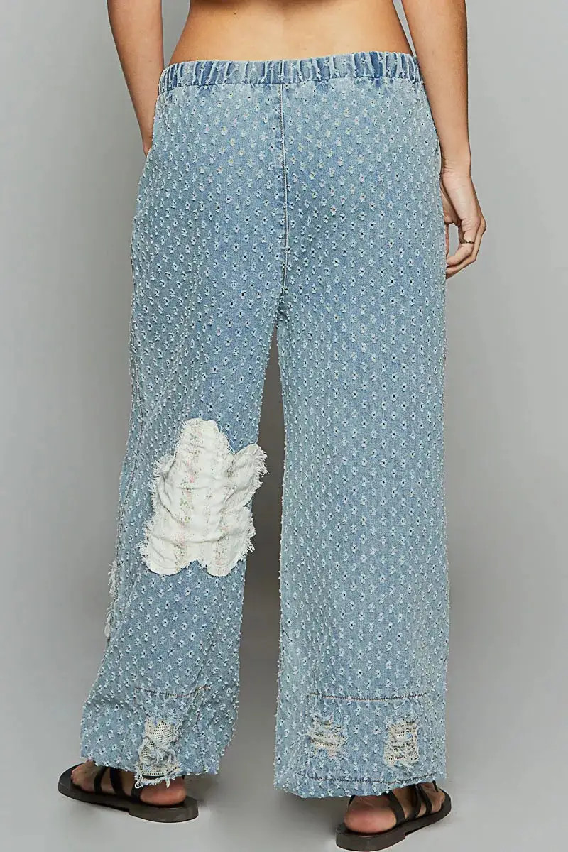 Floral Patch Washed Textured Twill Pants With Crochet See Thru Patch