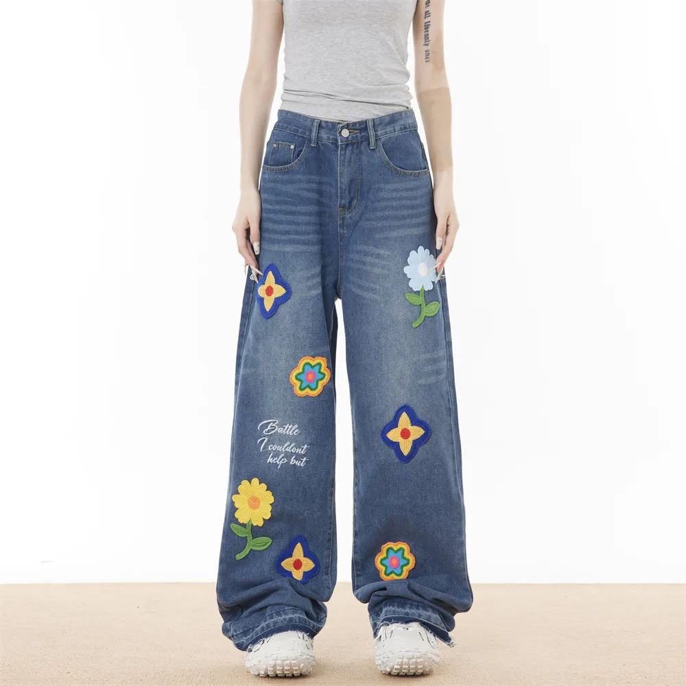 Embroidered Floral Wide Leg Jeans