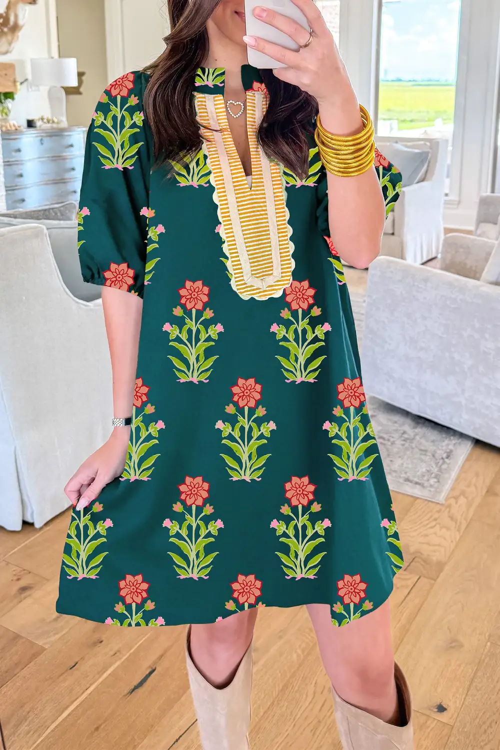 Drape Floral Striped Short Sleeve Dress
