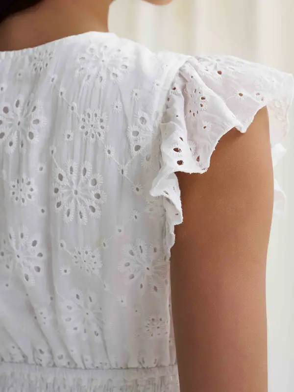 A Line Relaxed Elasticity Hollow Pleated Solid Color V Neck Mini