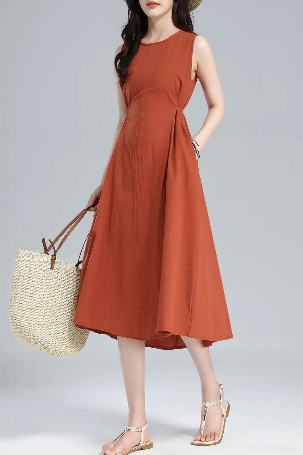 Refined Linen Cotton A Line Sleeveless Midi Dress
