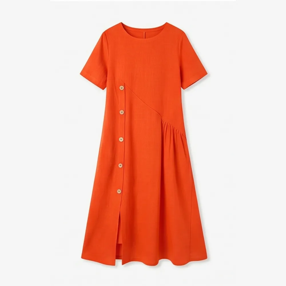 Button Front Linen Blend Cotton Blend Midi Dress