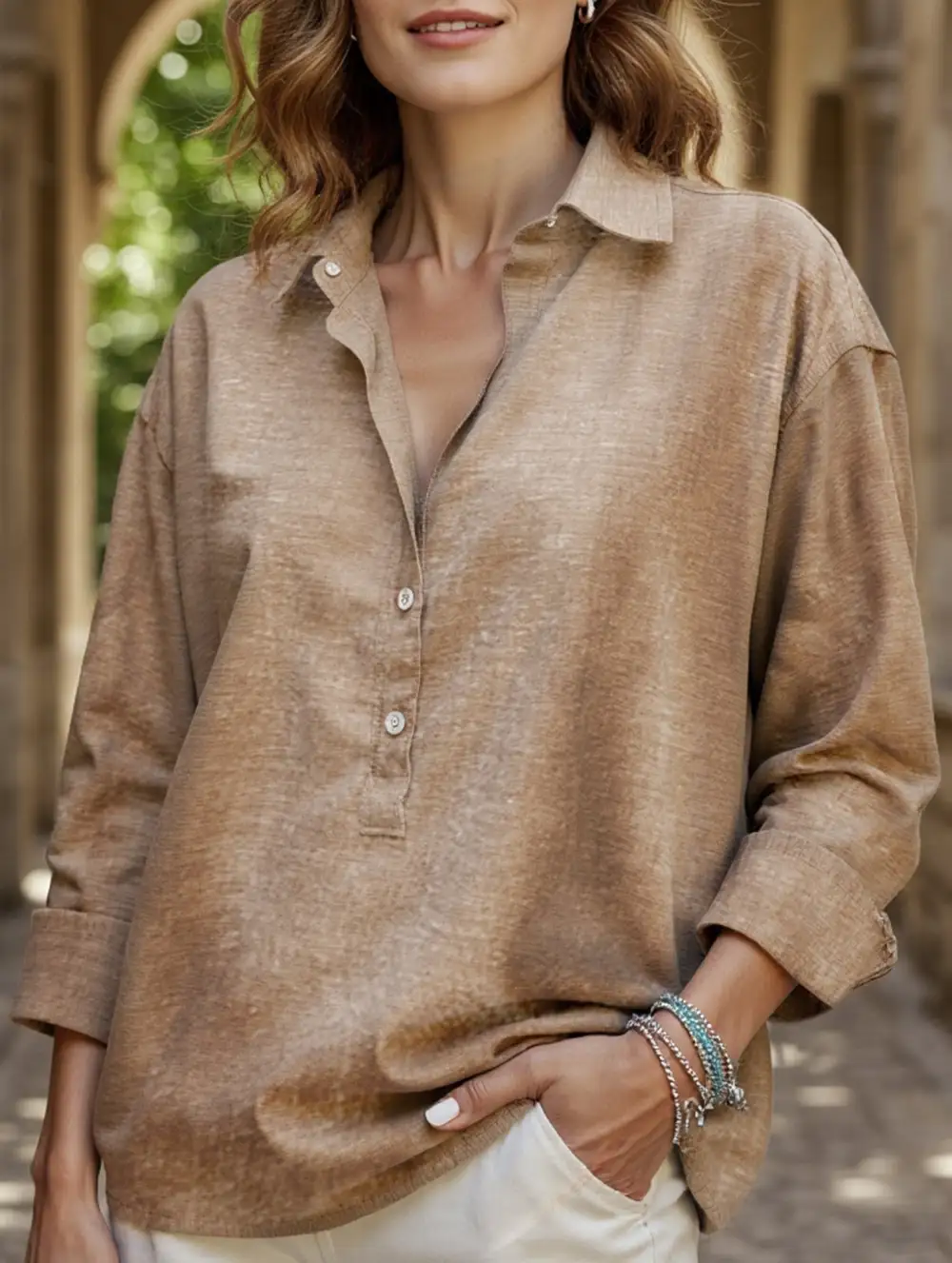 Button Detail Loose Long-Sleeved Shirt