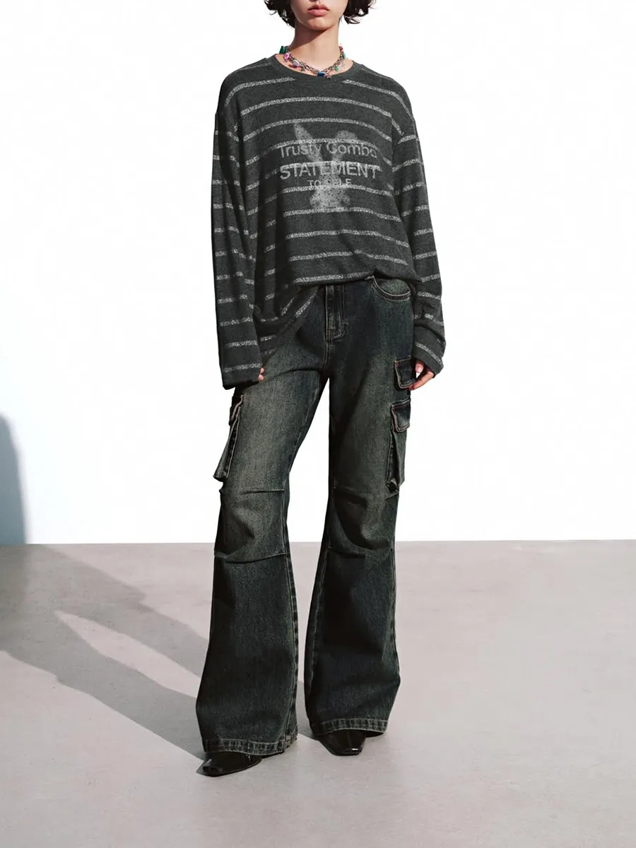 A Loose Round-Neck Casual T-Shirt With Rabbit Print Stripes For Ladies