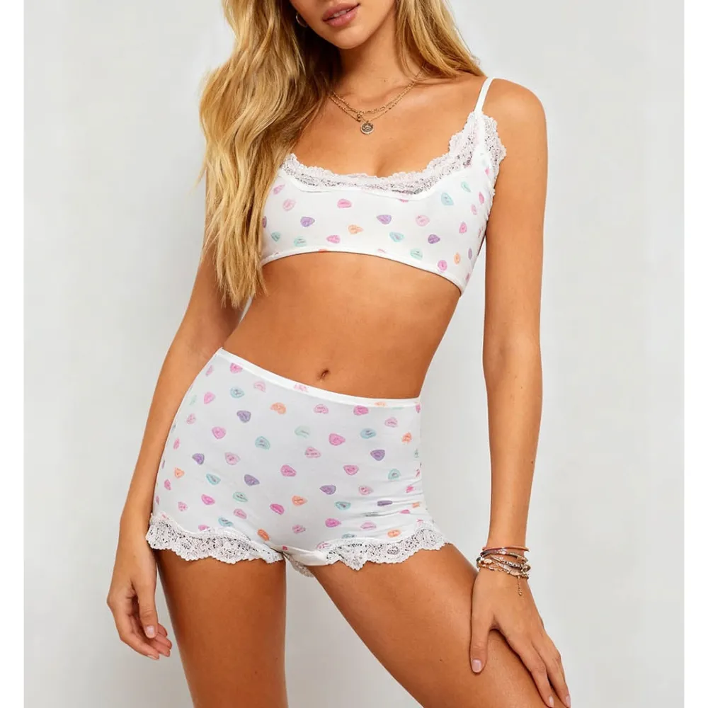 Candy Heart Lace Trim Cami Top and Shorts Set