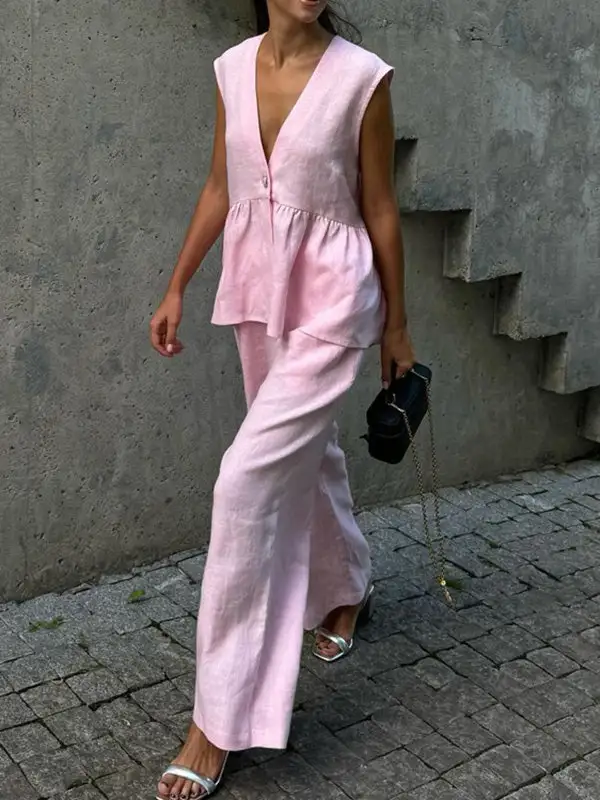 Relaxed Panel Detail Sleeveless Vest And Pants Set
