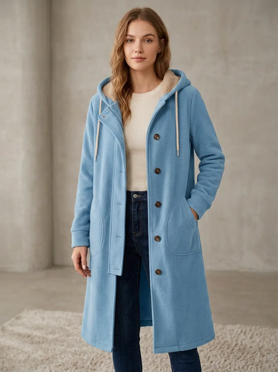 Soft-Texture Fleece-Lined Long Hooded Coat