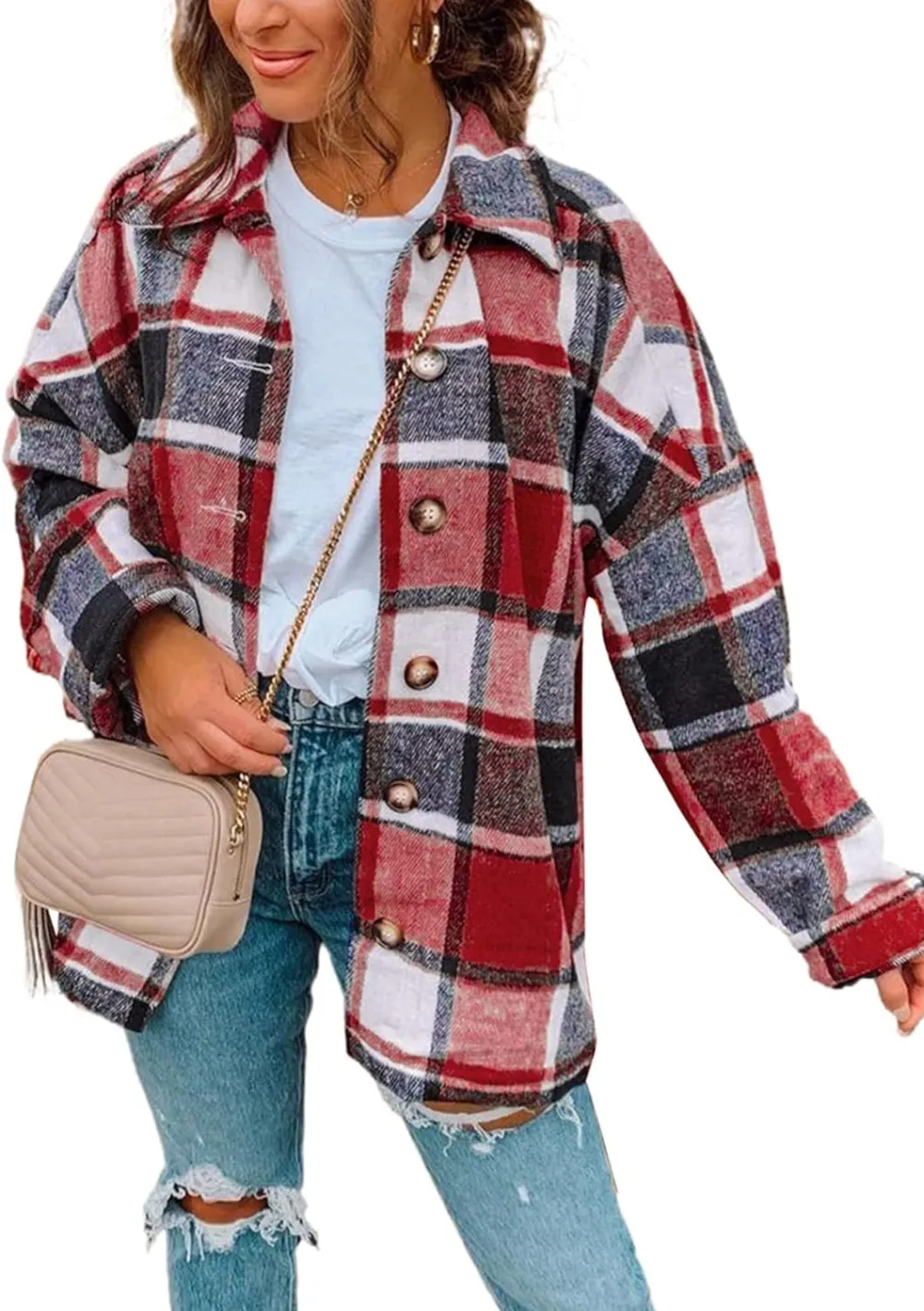 Women's 2023 Fall Clothes Plaid Shacket Jacket Long Sleeve Button Down Flannel Shirts Fashion Blouse