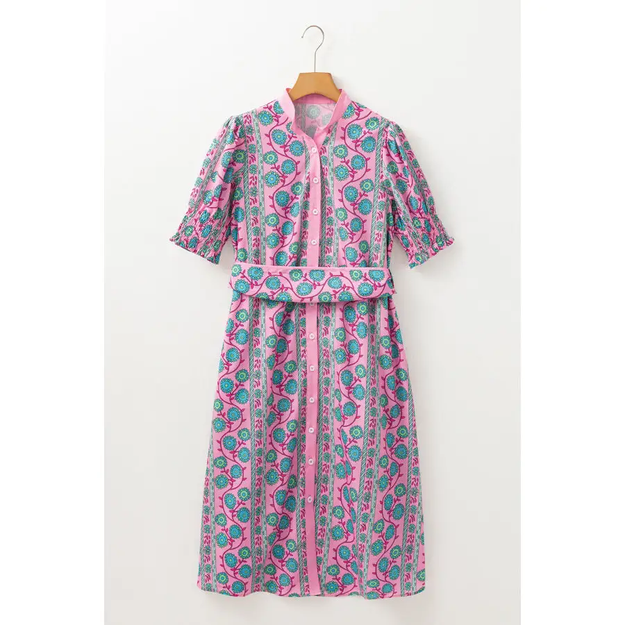Shirred Puff Sleeve Buttoned Front Midi Dress with Sash