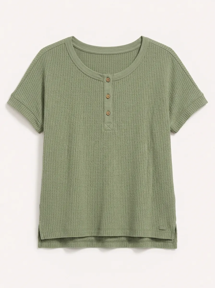 Women's Sage Green Waffle-Knit Henley Top with Ribbed Trim