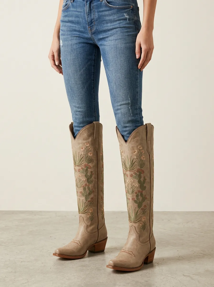 Women's Western Cactus Floral Embroidered Almond-Toe Block-Heel Stacked-Heel Denim Over-the-Knee Boots