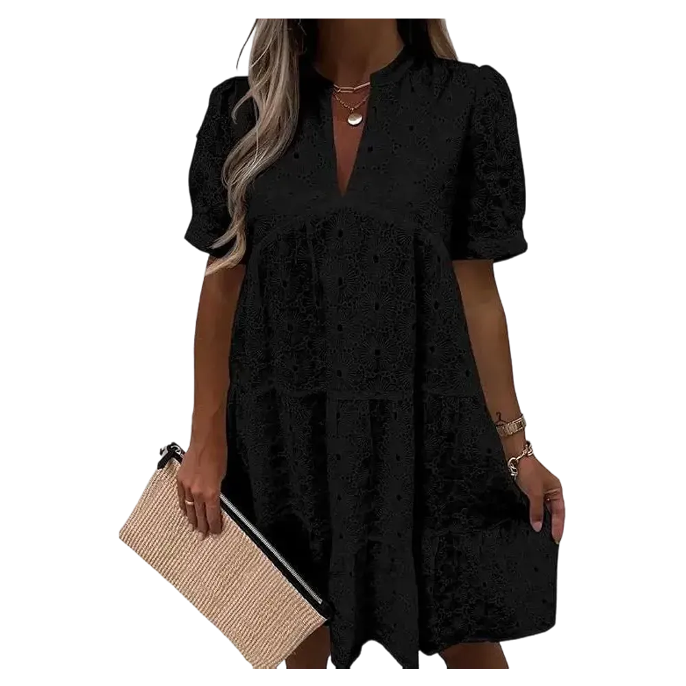 Flowy Lace Dresses Short Sleeve V Neck Tunic Dress