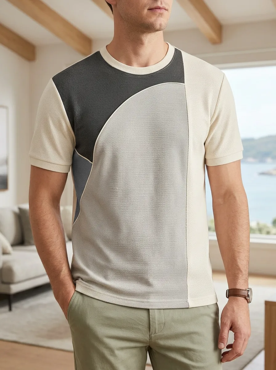 Men's Modern Geometric Colorblock Textured Crew Neck T-Shirt