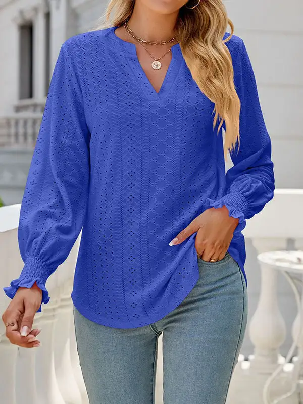 Long Sleeve Relaxed Elasticity Cutout V-Neck T-Shirt
