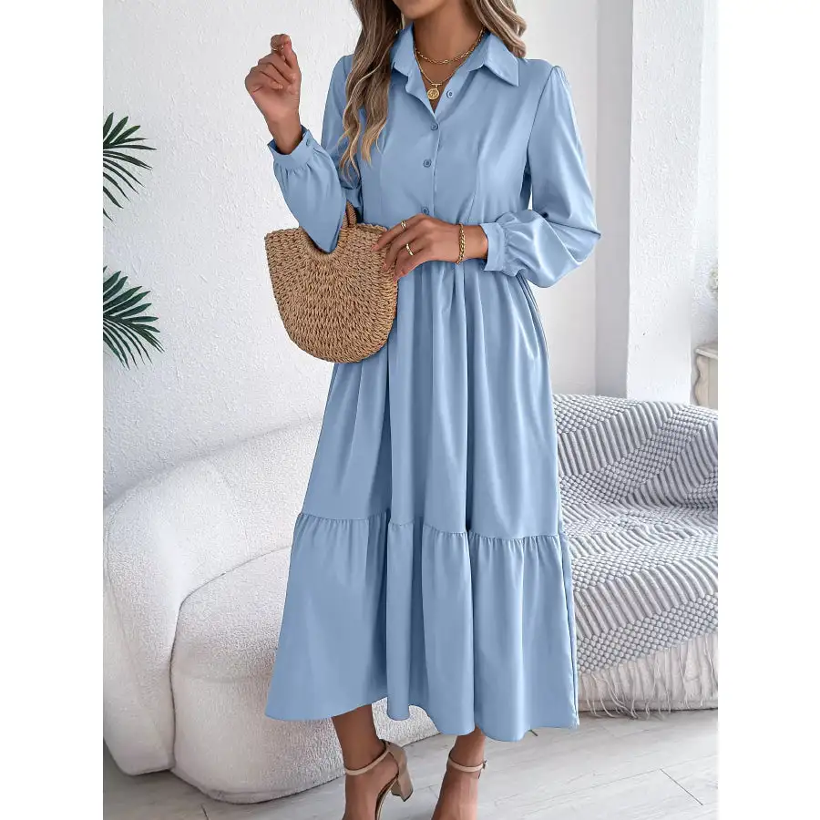 Long Sleeve Tiered Button Front Midi Dress