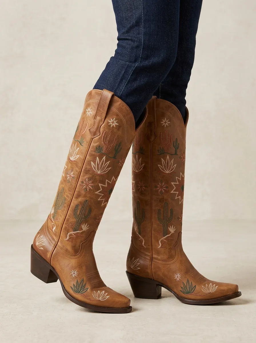 Women's Cactus Geometric Star Embroidered Pointed-Toe Block-Heel Western Denim Over-the-Knee Boots