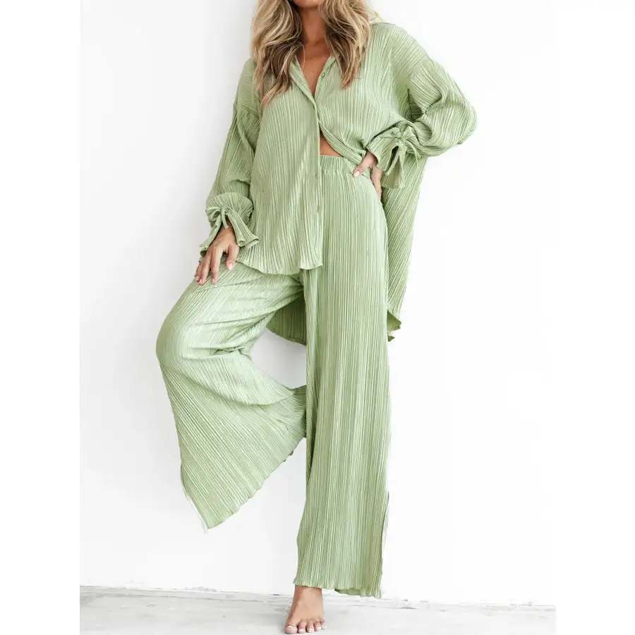Button Up Long Sleeve Top and Pants Set