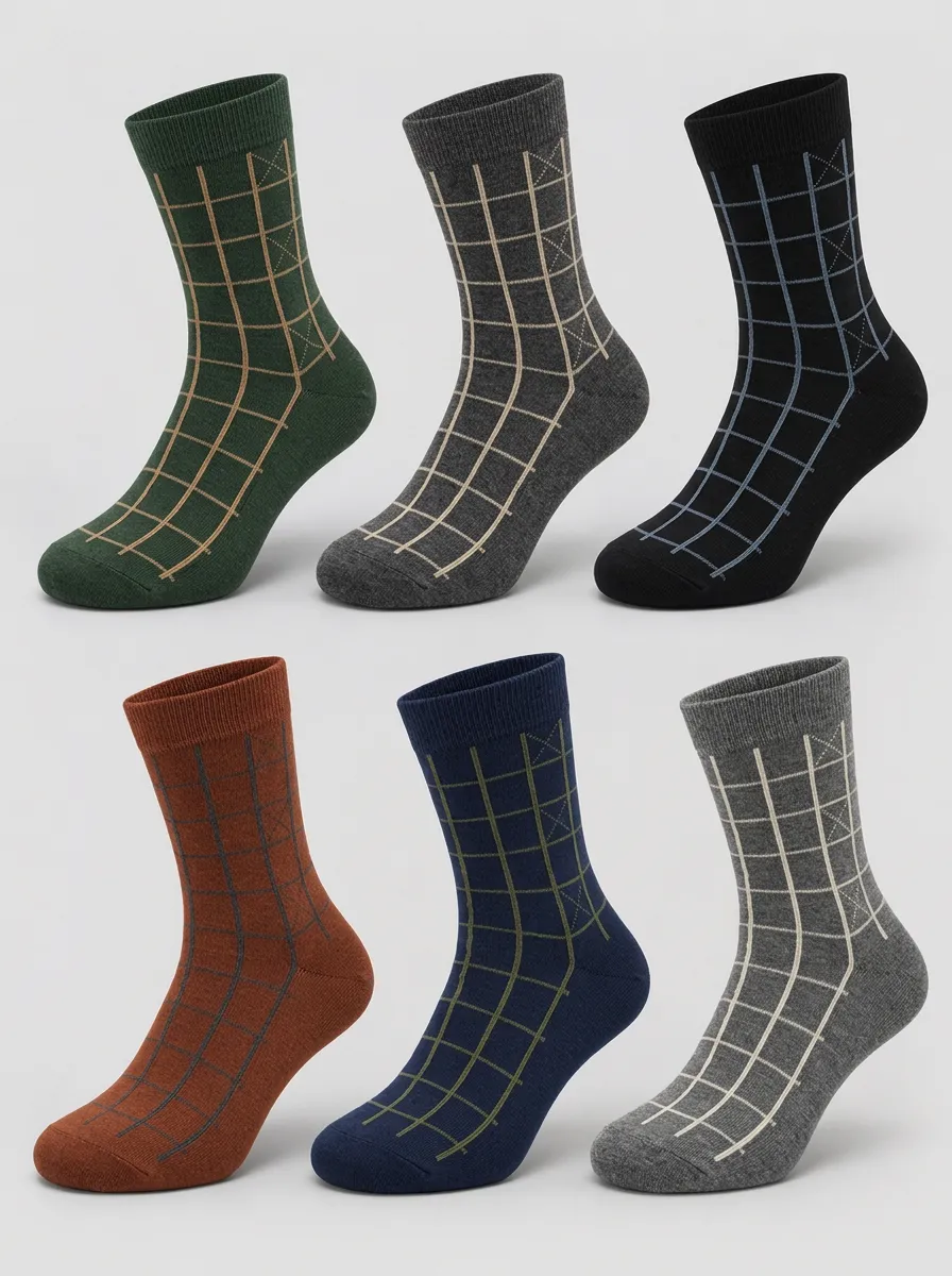 Men's Earth-Tone Grid Ribbed Crew Socks 6-Pack