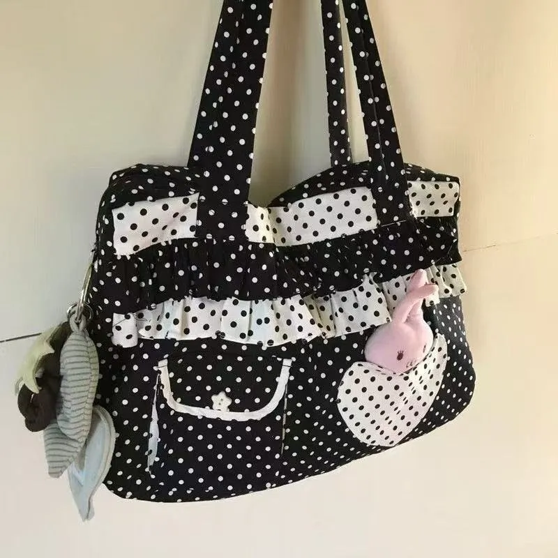 Vintage Polka Dot Heart Canvas Tote Bag for
