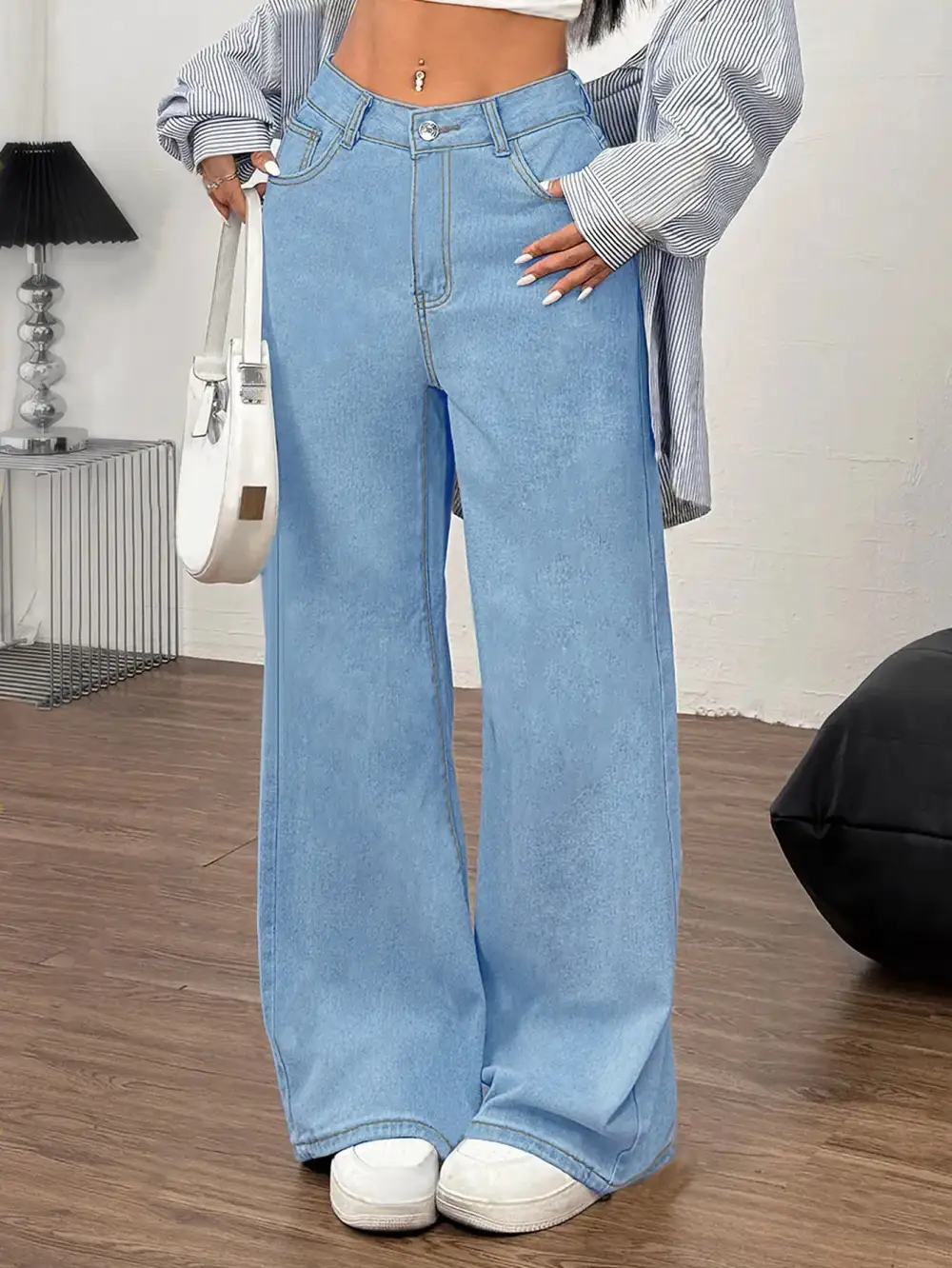 Sharp Wide Leg Embroidered Denim Jeans