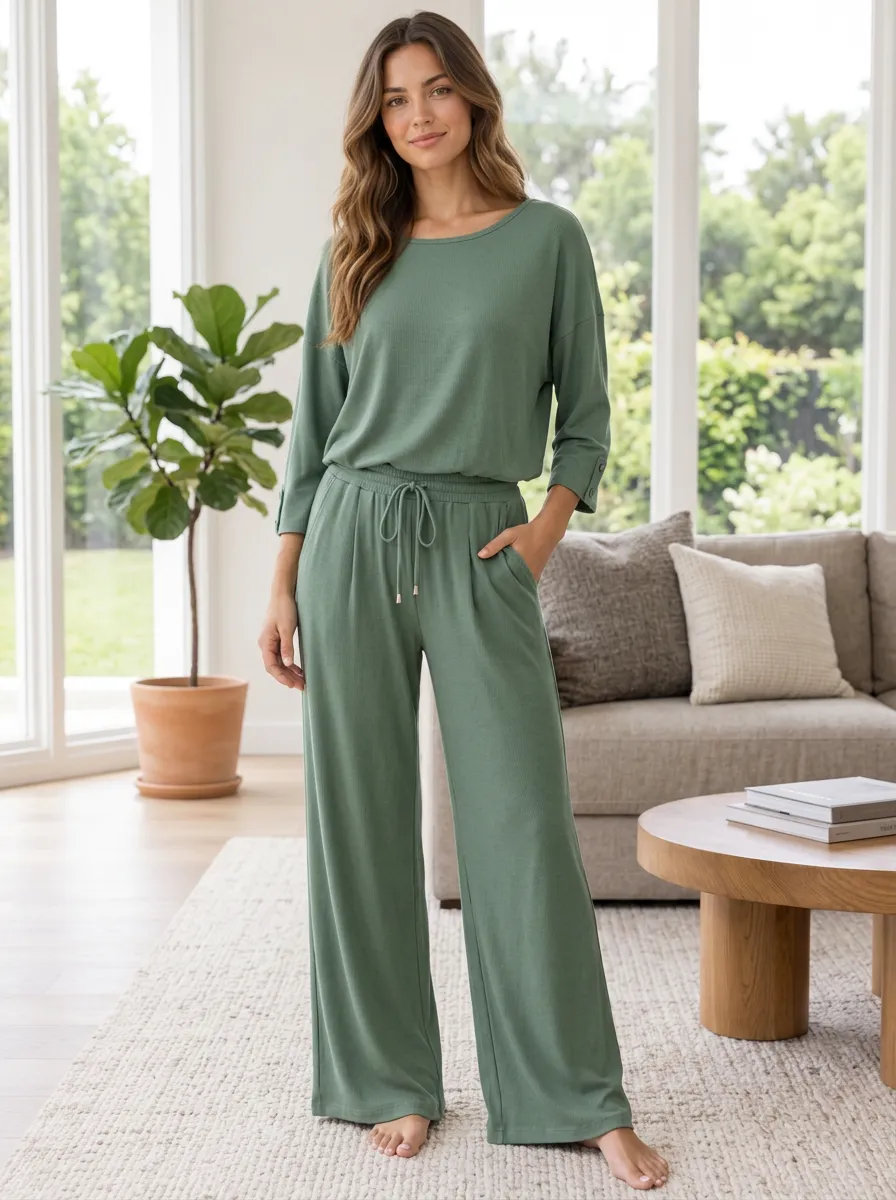 Weekend Loungewear Women's Ribbed Wide Leg Lounge Co-Ord