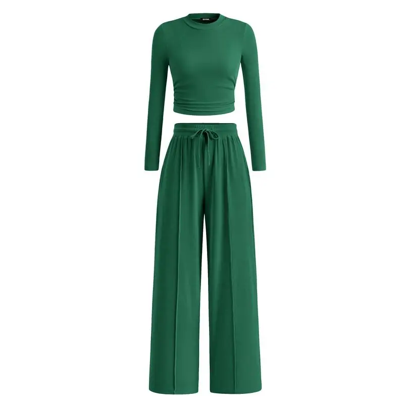 Women's 2-Piece Ribbed Knit Long Sleeve Crop Top Wide Leg Pants Matching Lounge Set Loungewear
