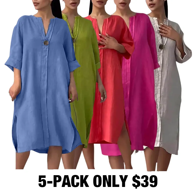 Women'S Solid Color Casual Cotton And Linen Dress-5-PACK