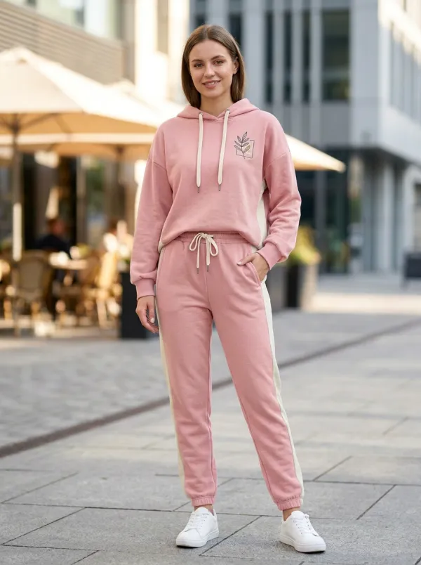 Women's Botanical Minimalist Leaf Printed Hooded Tracksuit
