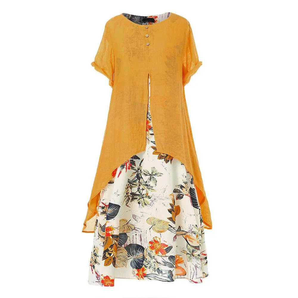 Autumn Cotton-linen print round neck fake two-piece dress short sleeve pullover Dress