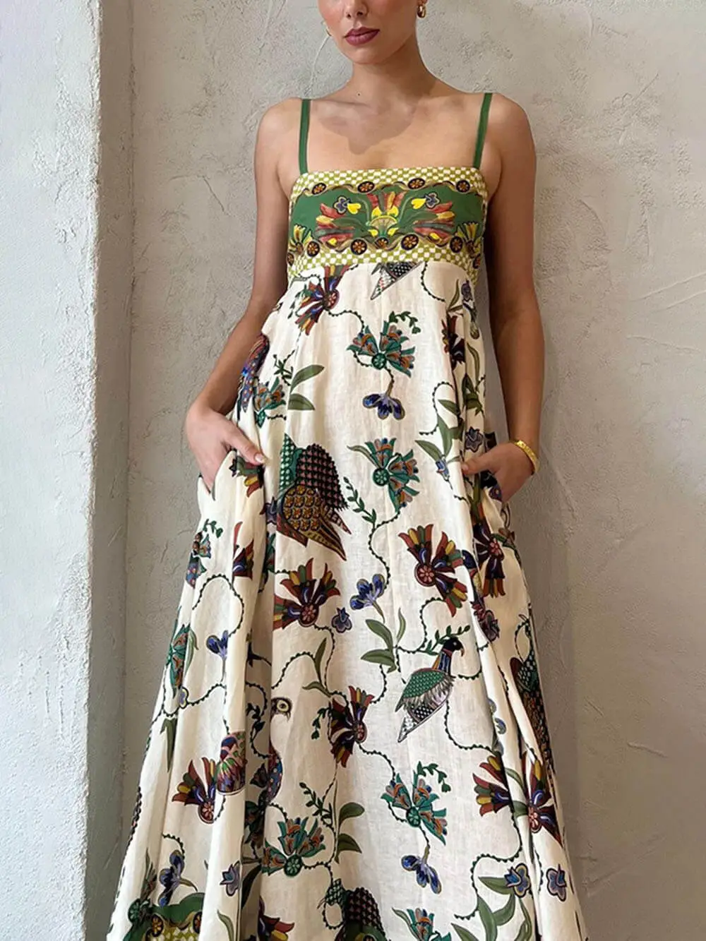 Sun Drenched Print Smocked Back Pocketed Midi Dress