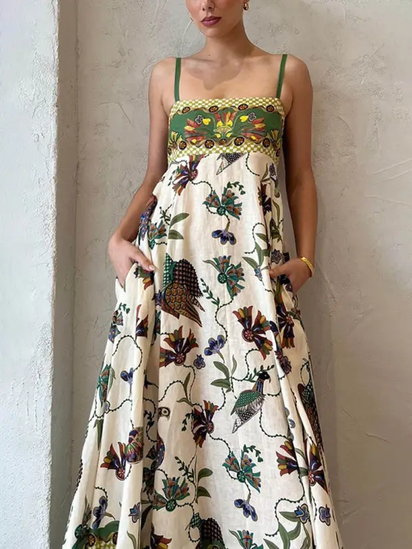 Sun Drenched Print Smocked Back Pocketed Midi Dress