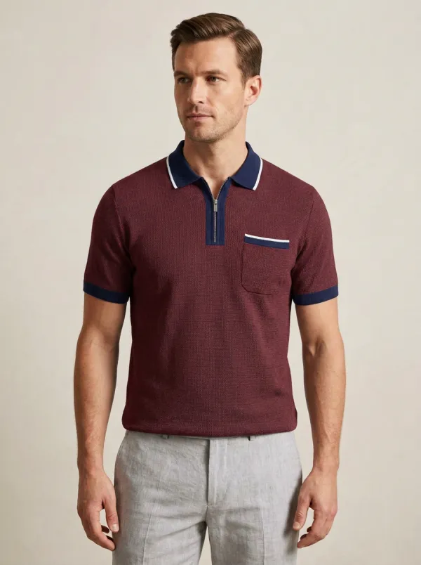 Men's Smart- Textured Zip-Neck Pocket Polo Shirt