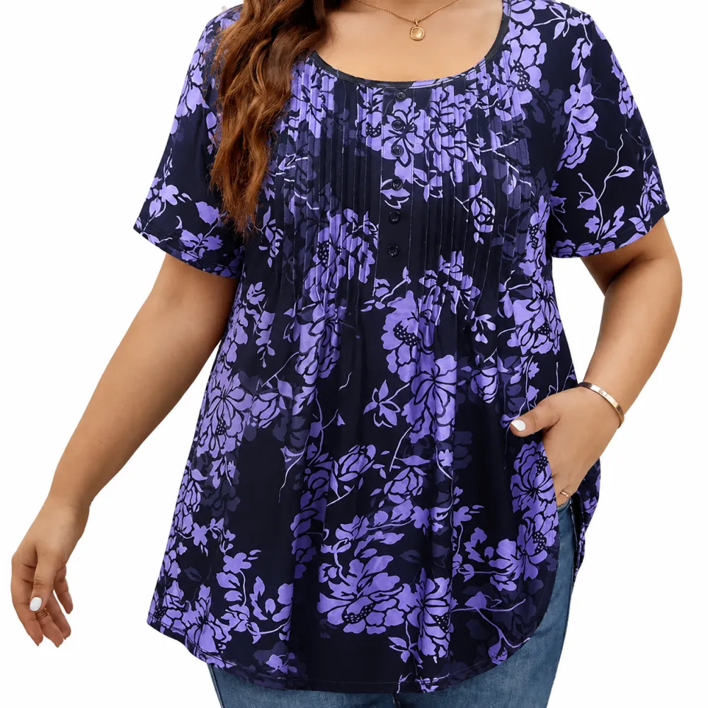 Women's Plus Size Summer Waist-Cinching Top with Round Neck and Printed Casual Short Sleeves