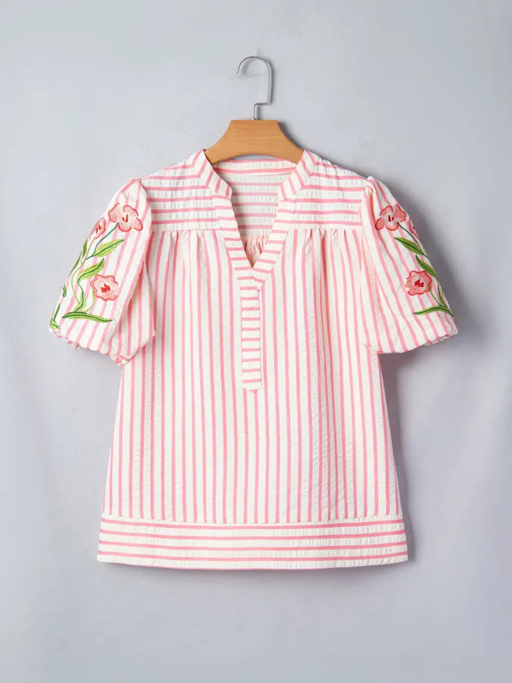 Stripe Print Floral Embroidered Puff Sleeve V Neck Blouse