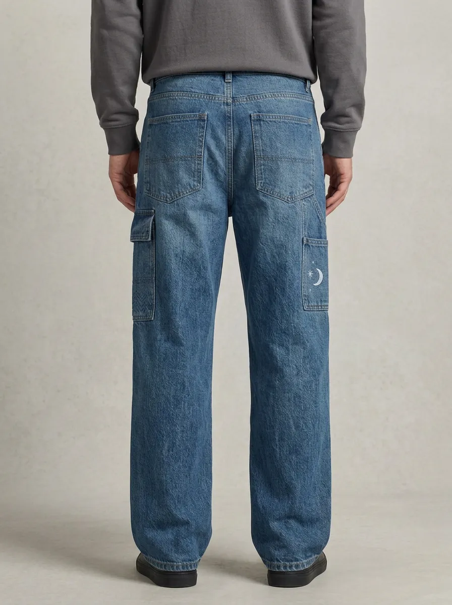 Wide Leg Celestial Graphic Star Graphic Moon Graphic Men's Loose Fit Jeans