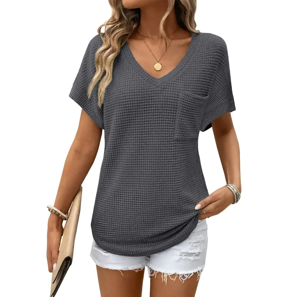 Women's Waffle Knit V-Neck Casual Summer Top