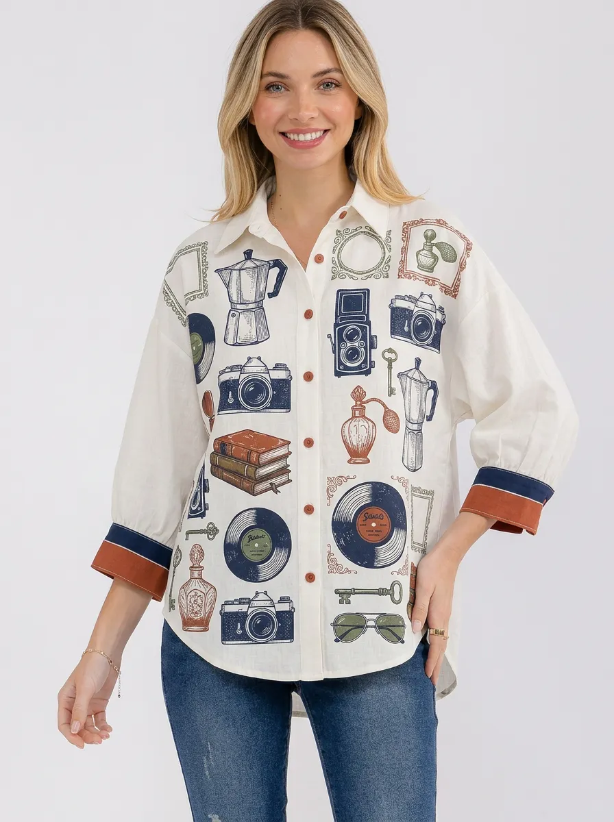 Women's Vintage Hobby Camera Vinyl Book Printed Button-up Shirt