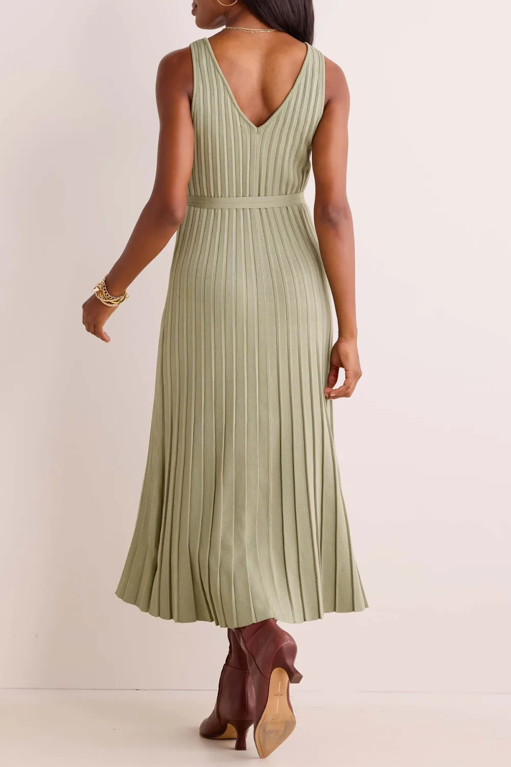 Olive Green V-Neck Pleated Dress