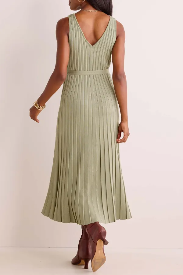 Olive Green V-Neck Pleated Dress