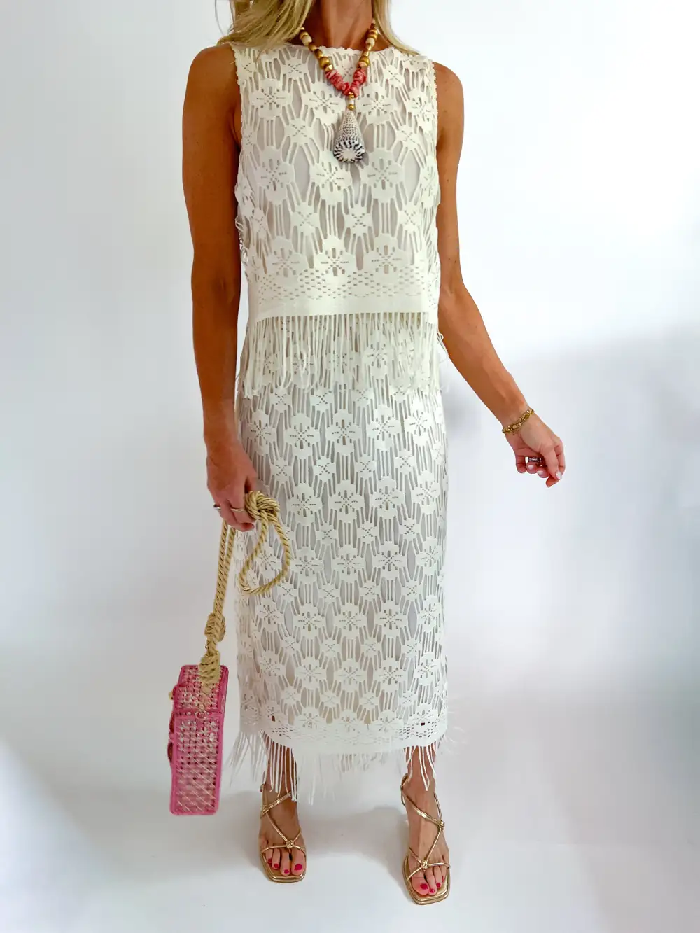 Crochet Fringe Maxi Top And Skirt Set