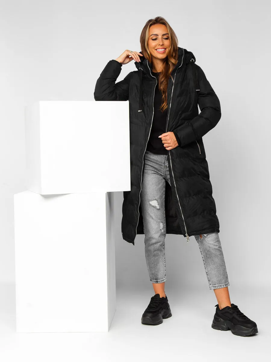 Black women's long quilted winter jacket with hood