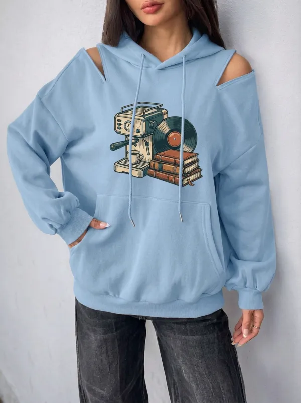 Women's Coffee Vinyl Book Lover Printed Cold Shoulder Hoodie