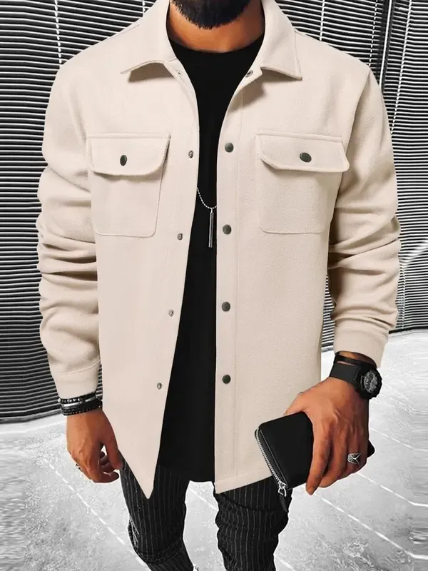 🔥Last Day 49% Offer-Men's Plain Long Sleeve Jacket, Regular Fit Casual Classic Button Front Flap Pocket Collared Outerwear for Fall & Winter, Going Out Outfit