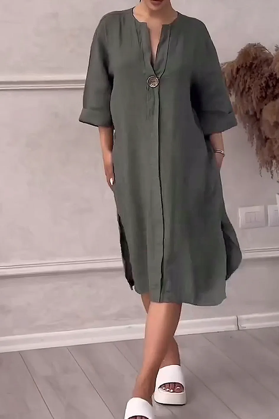 Women'S Solid Color Casual Cotton And Linen Dress