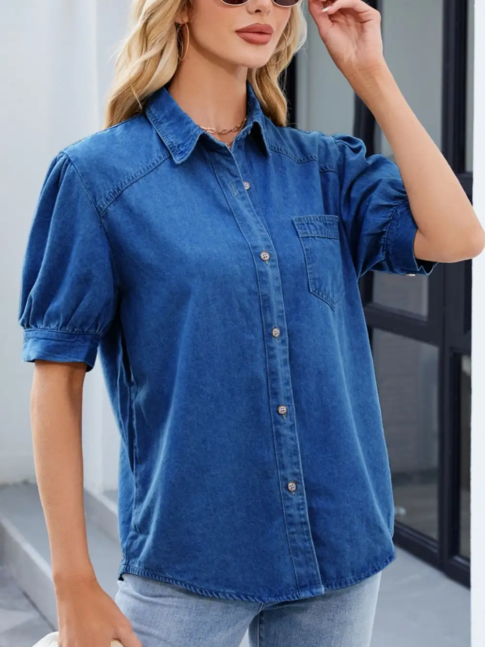 Puff Sleeve Button Down Denim Shirt